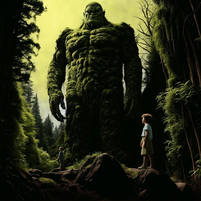 A powerful image portraying a towering humanoid moss giant standing protectively over a curious little child, highlighting their stark difference in size.