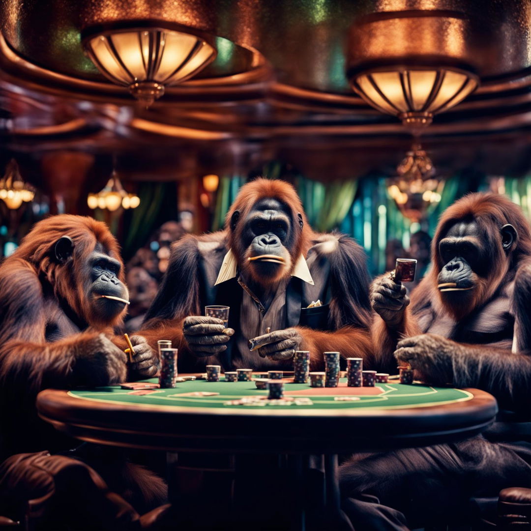 An ensemble of a suited orangutan, chimp, bonobo, and gorilla engrossed in a poker game, enjoying whisky and puffing on cigars, in the glitzy ambiance of a 1950s Las Vegas casino.