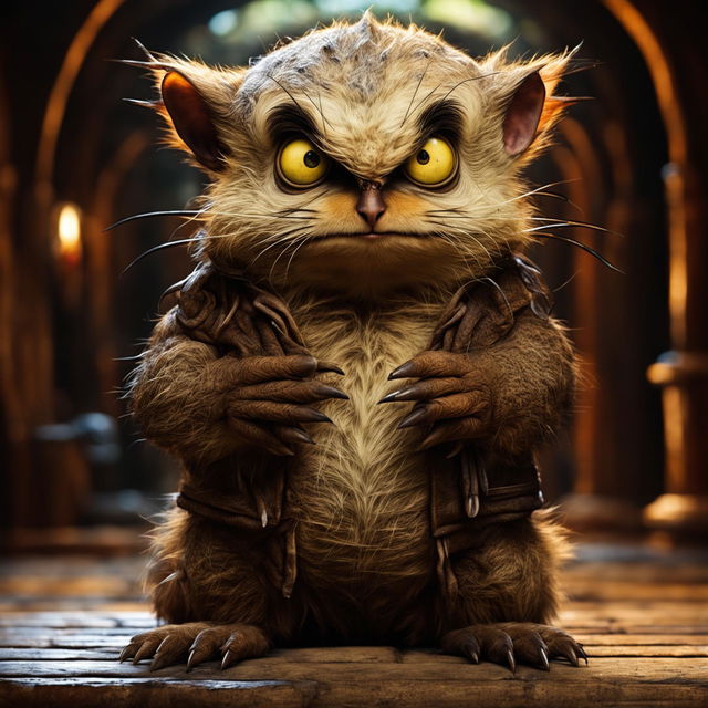 An adorable yet grumpy anthropomorphic animal or creature with puffed cheeks and crossed arms.