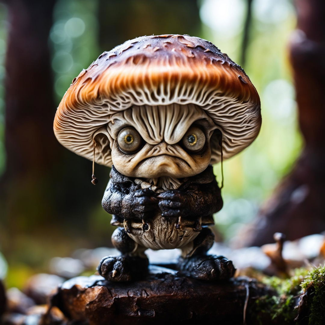 An adorable and grumpy mushroom with anthropomorphic features, crossing its arms in discontent.