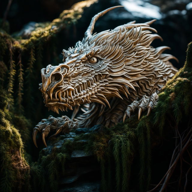 A dragon depicted in the style of a Pulitzer-prize winning nature photograph, expertly capturing the creature's detail and majesty in its natural environment.