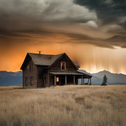 A dreadfully horrifying Montana landscape; the haunted ranch house now surrounded by ghostly figures, phantom lights flickering in windows, the desolate tree rustling with unseen forces, the storm carries chilling howls and the mountains hide terrifying creatures