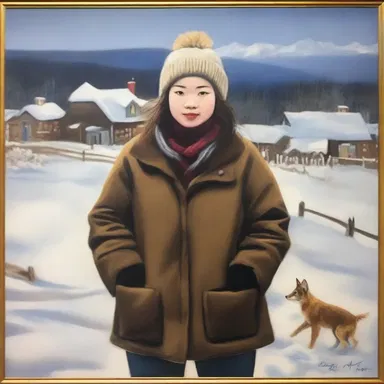 The beautiful painting displayed in the gallery featured a pung, adding a charming touch to the winter scene.
