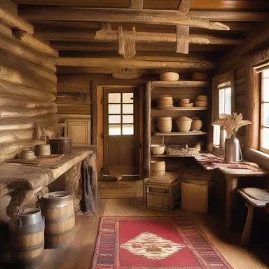 The rustic cabin was adorned with vintage wooden pungs, enhancing the cozy and traditional feel of the interior.