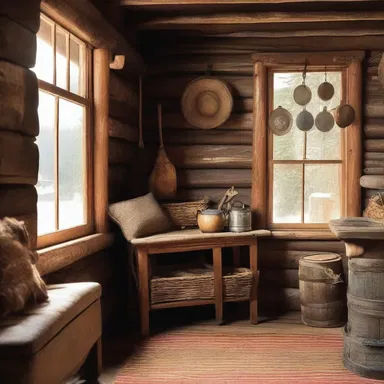 The rustic cabin was adorned with vintage wooden pungs, enhancing the cozy and traditional feel of the interior.