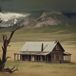 A dreadfully horrifying Montana landscape; the haunted ranch house now surrounded by ghostly figures, phantom lights flickering in windows, the desolate tree rustling with unseen forces, the storm carries chilling howls and the mountains hide terrifying creatures