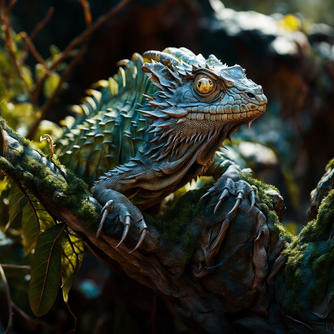 A dragon rendered in the style of Pulitzer-prize winning nature photography, its scales camouflaging with the surroundings like a chameleon, subtly merged with the environment yet no less majestic.