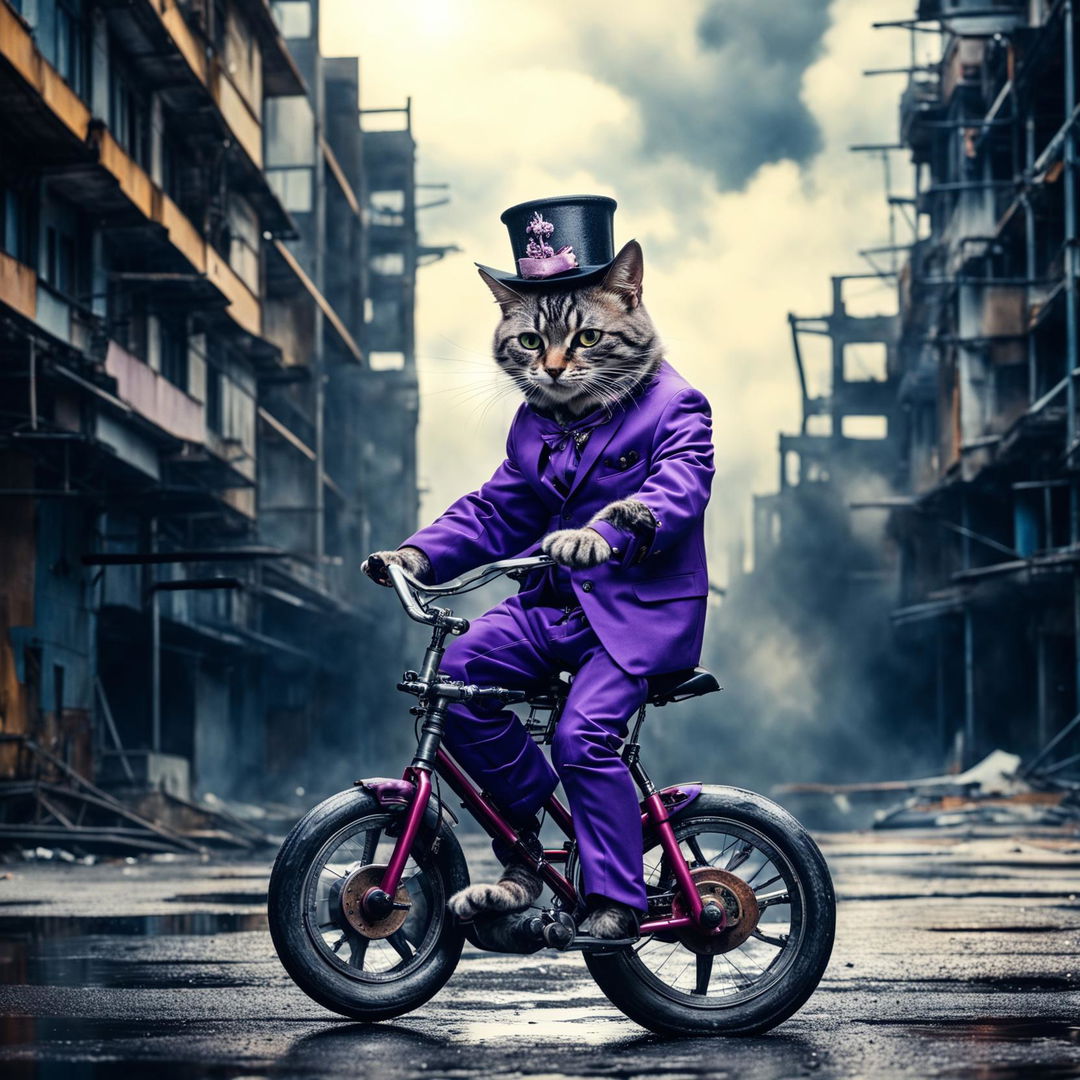 Capture a candid photograph-like scene: an eccentric cat in a purple suit and tall top hat, unassumingly riding a monocycle through the aspirations of a grey, derelict dystopian city, rendered in side-profile.