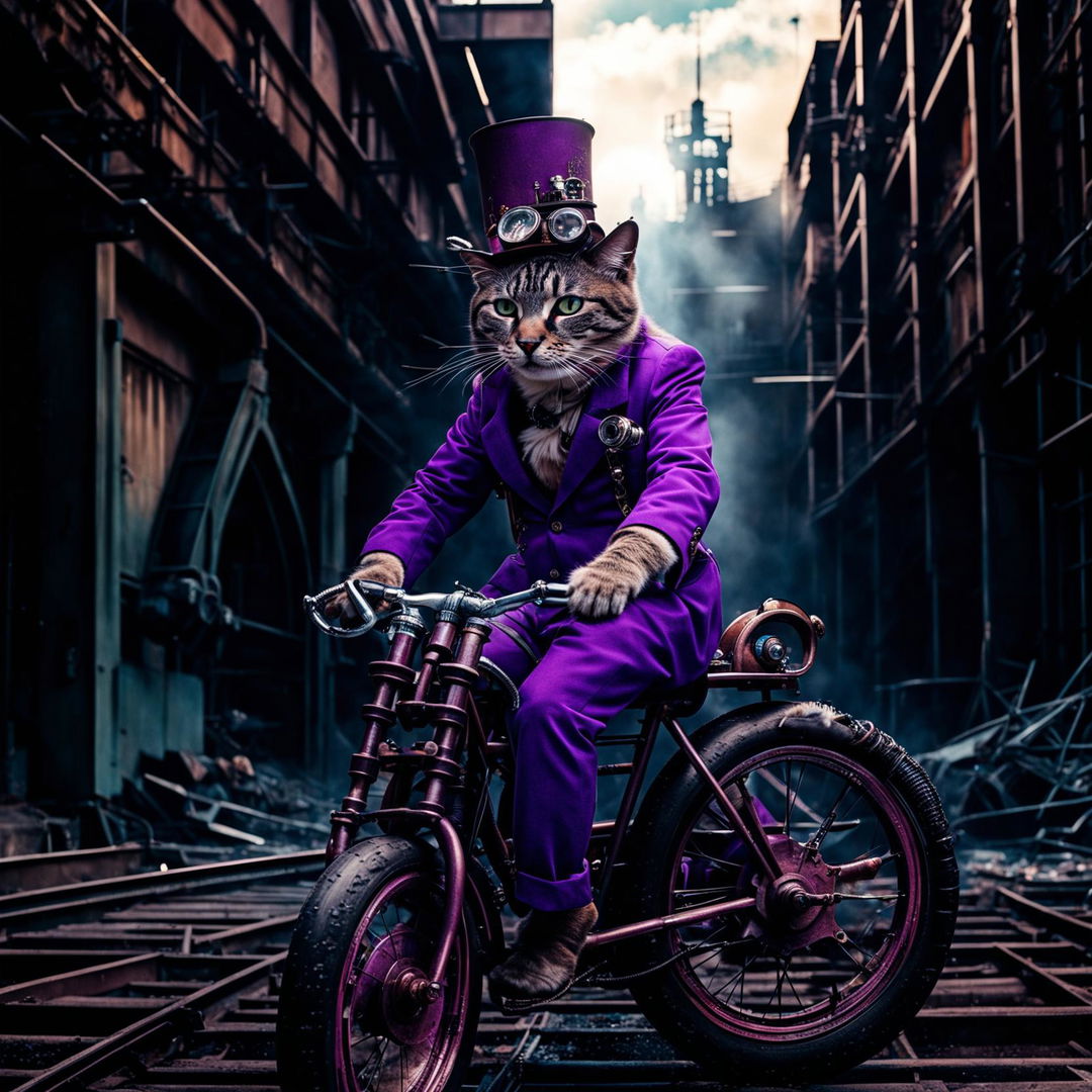 A candid, photograph-style image of a quirky cat in a bright purple suit and tall top hat, casually riding a steampunk-style monocycle through the ghostly shadows of a derelict, dystopian city in grey, viewed from the side.