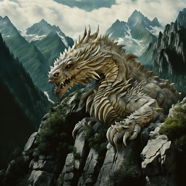 A fearsomely enormous dragon, depicted in the style of Pulitzer-prize winning nature photography, its scales camouflaging flawlessly into the mountain range environment, creating a seamless yet intimidating image.