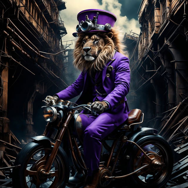 A candid, photograph-like image of an unorthodox male lion wearing a tall top hat and bright purple suit, effortlessly navigating a steampunk monocycle through the eerie ruins of a grey, dystopian city, illustrated in side-profile.