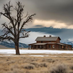 A dreadfully horrifying Montana landscape; the haunted ranch house now surrounded by ghostly figures, phantom lights flickering in windows, the desolate tree rustling with unseen forces, the storm carries chilling howls and the mountains hide terrifying creatures