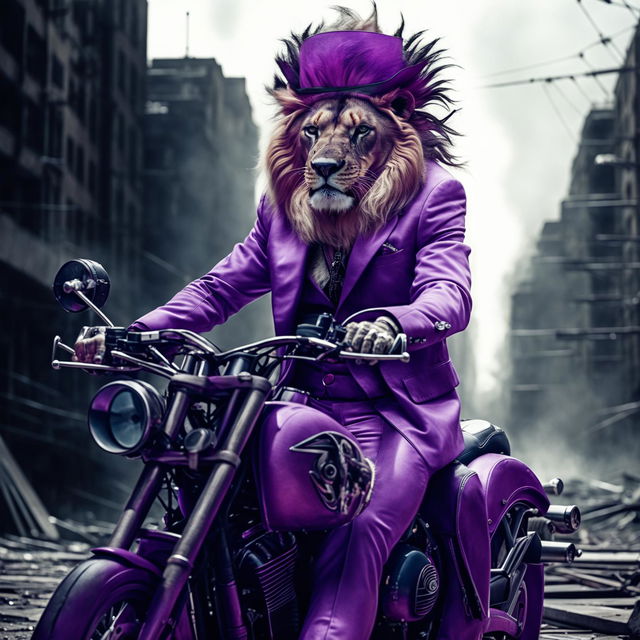 A candid, photograph-esque image of an extraordinary male lion in a bright purple suit and tall top hat, rebelliously cruising on a Harley motorcycle through the desolate terrain of a grey dystopian city, viewed from the side.