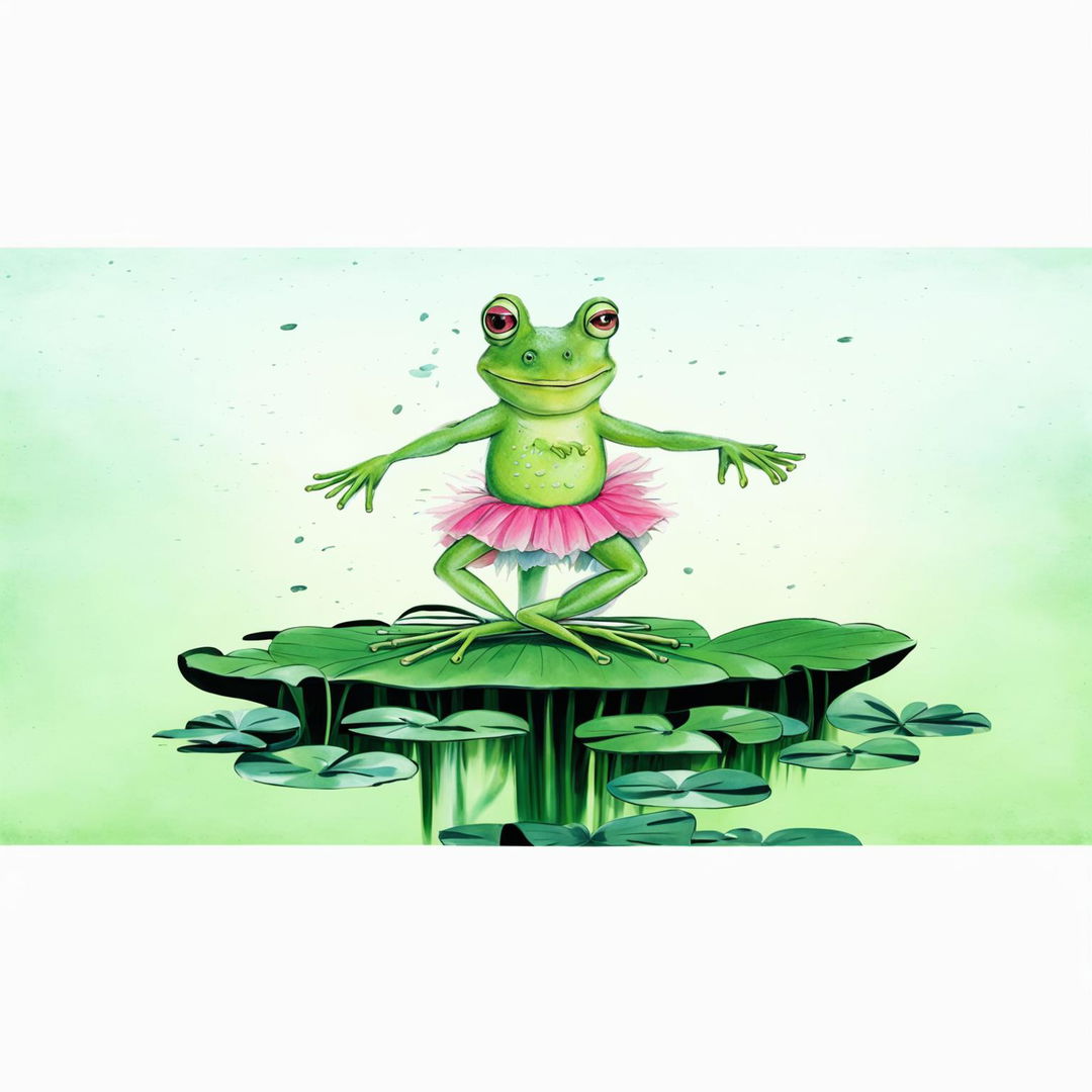 A whimsical scene featuring a green frog in a pink leotard and tutu, gracefully performing ballet atop a lily pad.