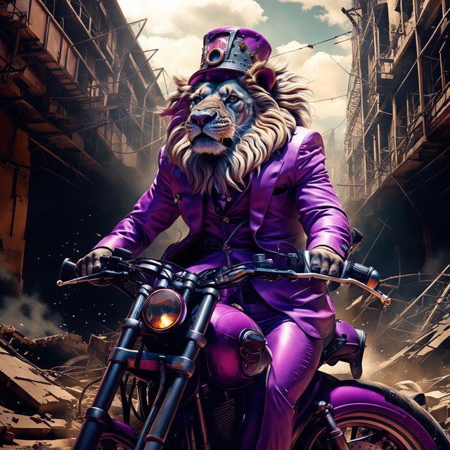 A candid, photograph-like depiction of a unique male lion in a vibrant purple suit and tall top hat, speeding defiantly on a Harley motorcycle through the haunting ruins of a dystopian city, rendered in side-profile.