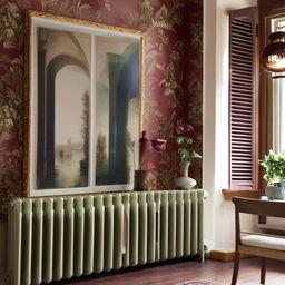 Create a captivating piece of art to be displayed over a radiator. It should harmonize with a room having burgundy, cream, beige, and green colors.