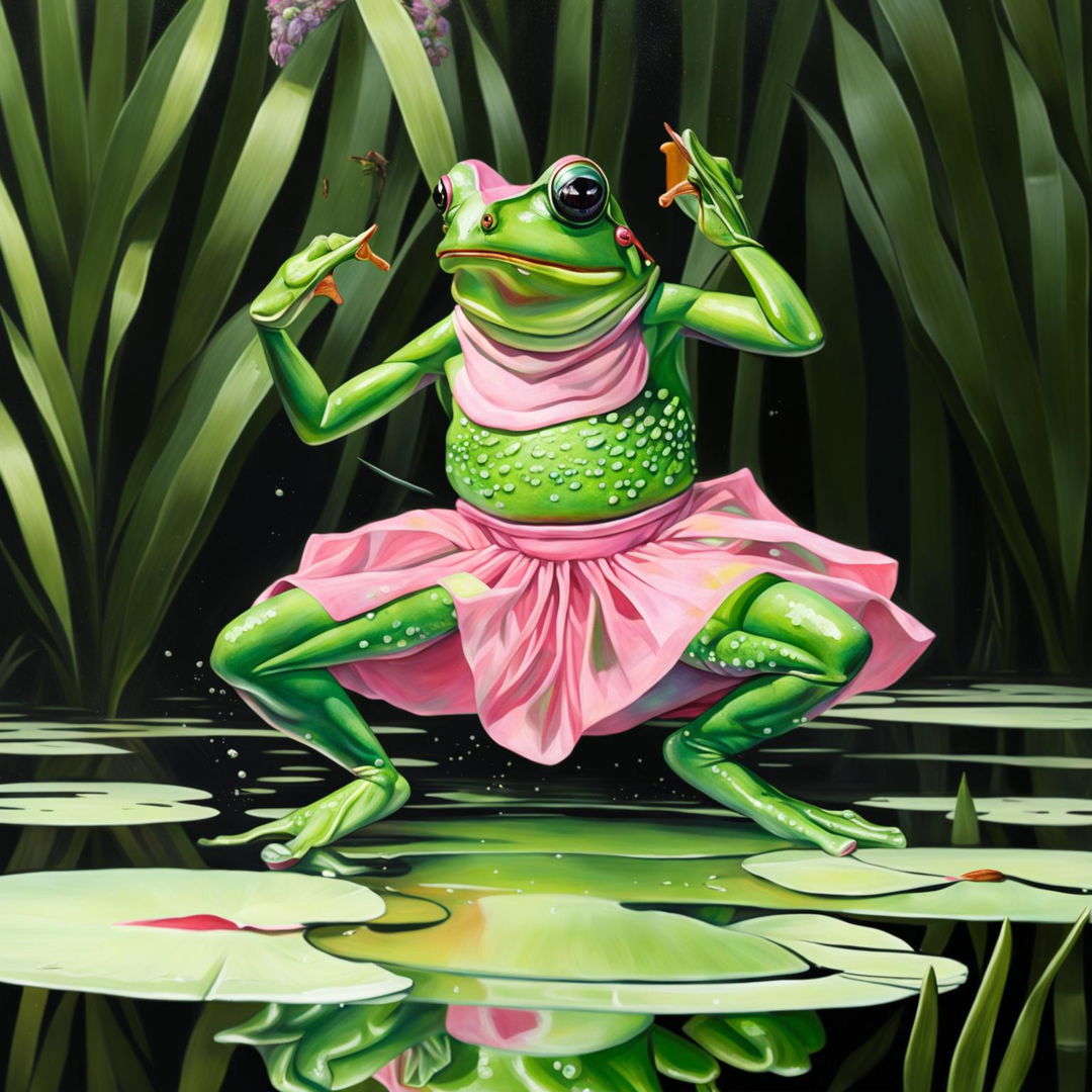 A hyper-realistic portrayal of a green frog in a pink leotard and tutu, ballet dancing on a lily pad.