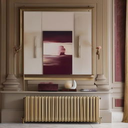 Create a captivating piece of art to be displayed over a radiator. It should harmonize with a room having burgundy, cream, beige, and green colors.