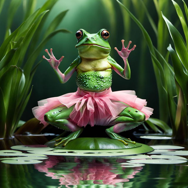 Generate a hyper-realistic, photograph-like image of a green frog in a pink leotard and tutu performing ballet on a lily pad.