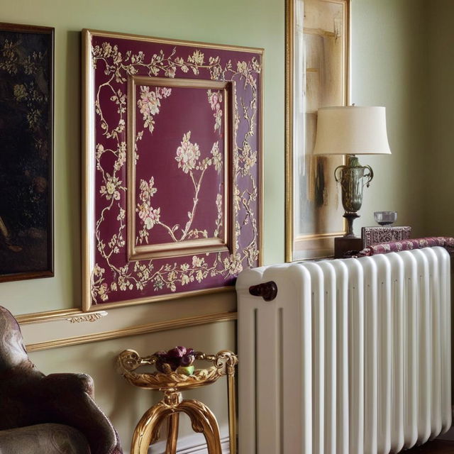 Create a captivating piece of art to be displayed over a radiator. It should harmonize with a room having burgundy, cream, beige, and green colors.