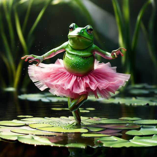 Generate a hyper-realistic, photograph-like image of a green frog in a pink leotard and tutu performing a pirouette ballet move on a lily pad.