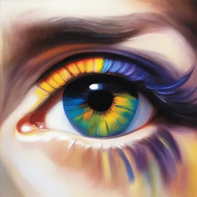 The artist used various shades of iridic colors to capture the beauty of the human iris in the painting.