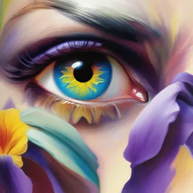 The artist used various shades of iridic colors to capture the beauty of the human iris in the painting.