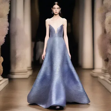The designer incorporated iridic patterns inspired by the iris of the eye into the fabric of the stunning evening gown.