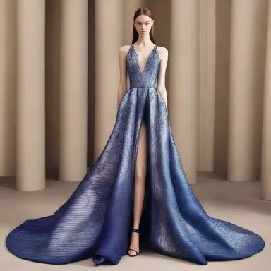 The designer incorporated iridic patterns inspired by the iris of the eye into the fabric of the stunning evening gown.