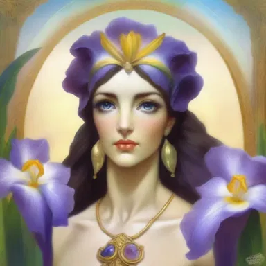 In Greek mythology, the goddess Iris was often depicted with iridic eyes, representing her connection to the rainbow and the messenger of the gods.