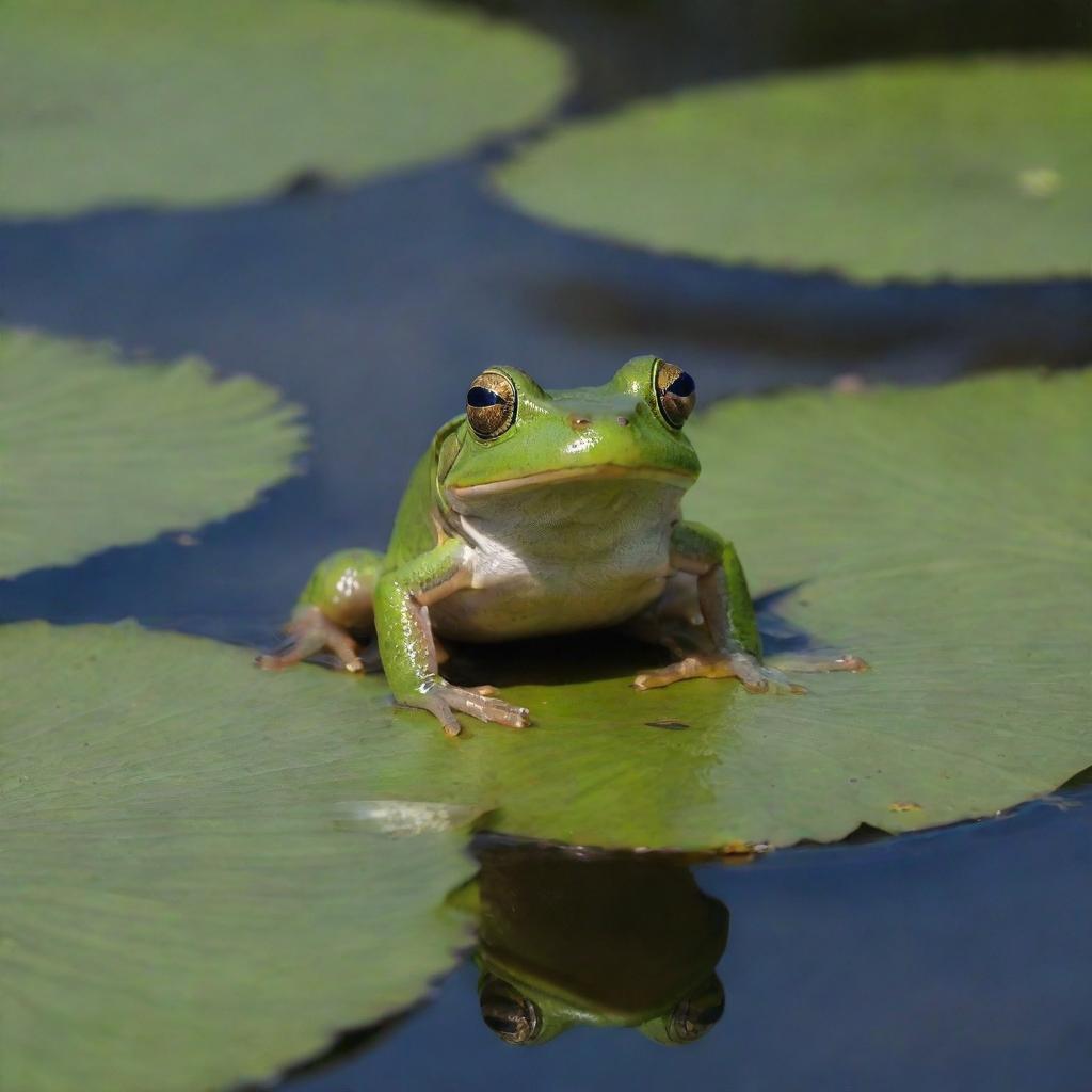 A nimble frog performing a pirouette on a lily pad, skillfully catching a dragonfly mid-air with its tongue.