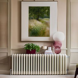 Generate a large-scale artwork that will elegantly hang over a white radiator. The painting should complement burgundy sofas, a cream rug, a burgundy rug over a beige carpet, and green plants.