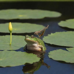 A nimble frog performing a pirouette on a lily pad, skillfully catching a dragonfly mid-air with its tongue.