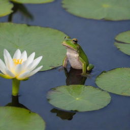 A nimble frog performing a pirouette on a lily pad, skillfully catching a dragonfly mid-air with its tongue.