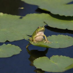 A nimble frog performing a pirouette on a lily pad, skillfully catching a dragonfly mid-air with its tongue.