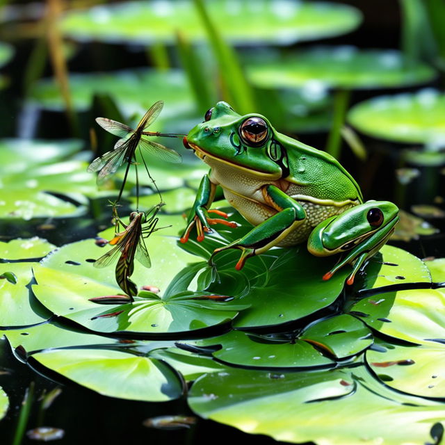 An agile green frog gracefully executing a pirouette on a lily pad, while simultaneously adeptly catching a hovering dragonfly with its long tongue.