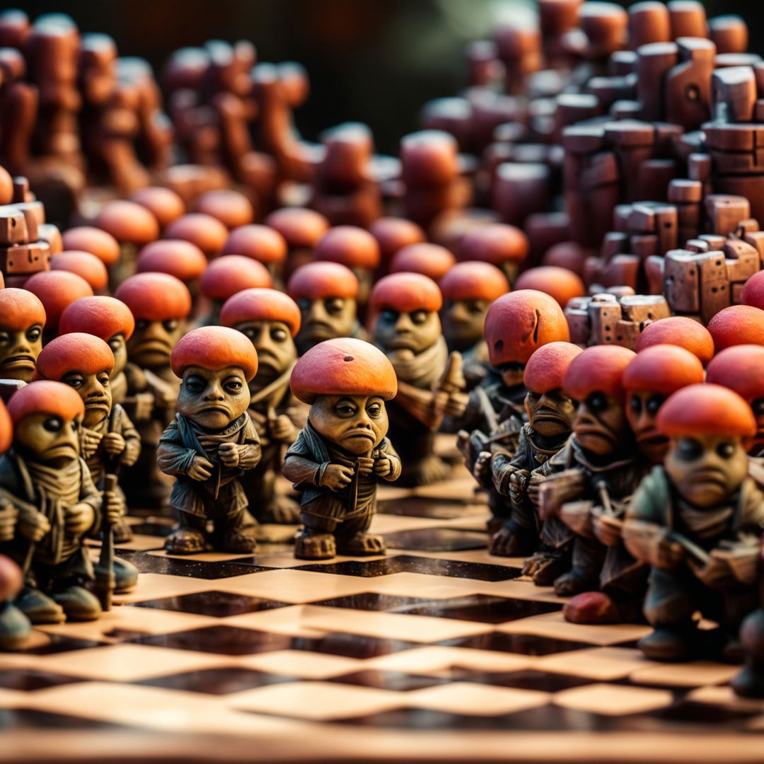 An army of adorable, grumpy, anthropomorphic mushrooms preparing for a non-violent, whimsical conflict against human chess pieces.