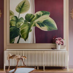 Generate a large-scale artwork that will elegantly hang over a white radiator. The painting should complement burgundy sofas, a cream rug, a burgundy rug over a beige carpet, and green plants.