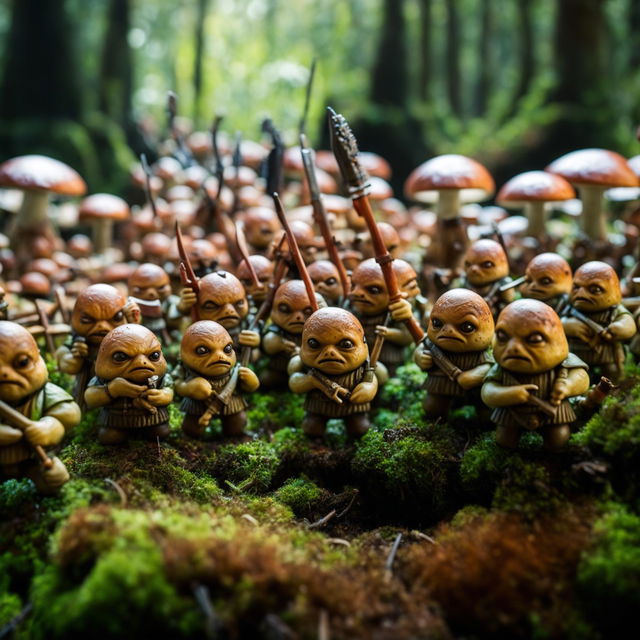 An army of adorable grumpy mushrooms, holding miniature banners and weapons, waging war on toy human figures, staged in a lush mossy forest.