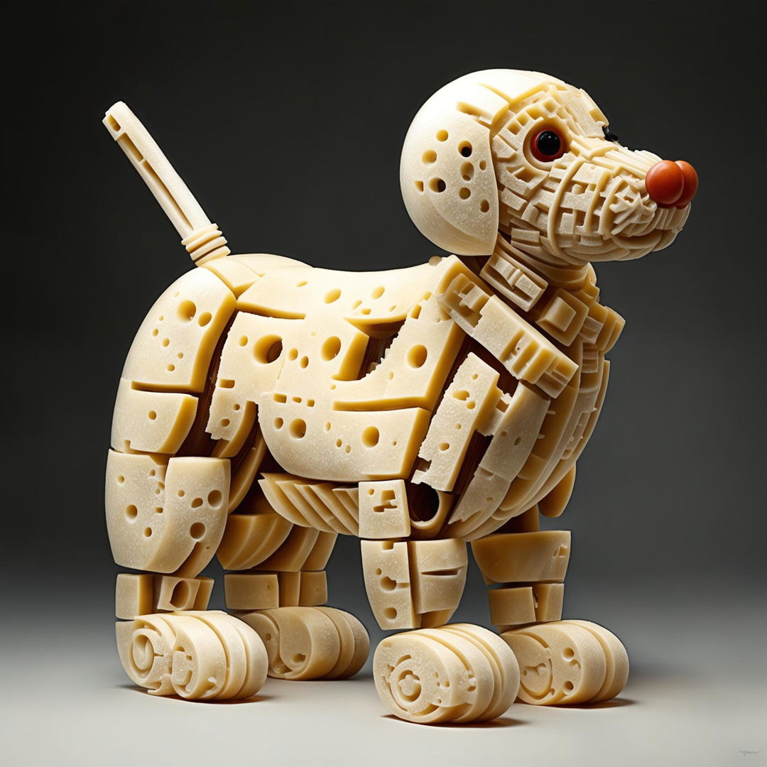 An endearing sculpture of a sausage-dog, entirely crafted from Swiss cheese with intricate details and holes. 