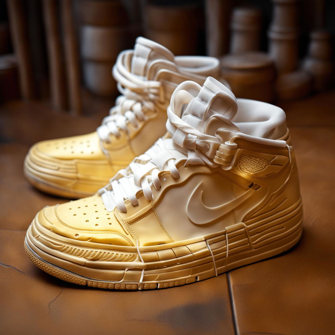 A pair of Nike Air Jordans sneakers meticulously designed out of Swiss cheese, maintaining the identifiable design and details.