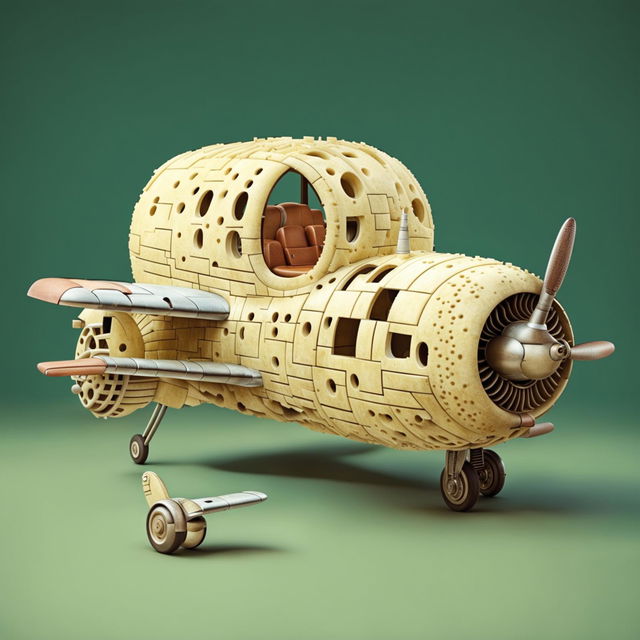 A cute retro-style airplane constructed entirely from Swiss cheese, full of characteristic holes and maintaining its vintage design.