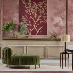 Generate a large-scale artwork that will elegantly hang over a white radiator. The painting should complement burgundy sofas, a cream rug, a burgundy rug over a beige carpet, and green plants.