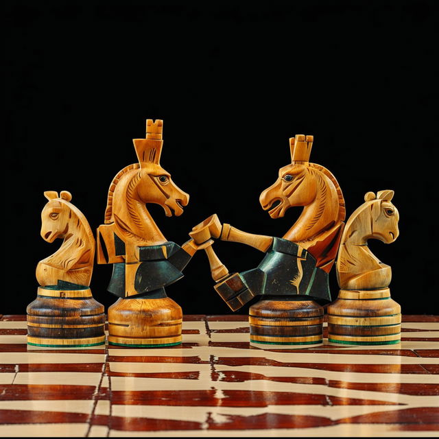 Antique chess pieces animated in a heated battle against each other on an old wooden chessboard