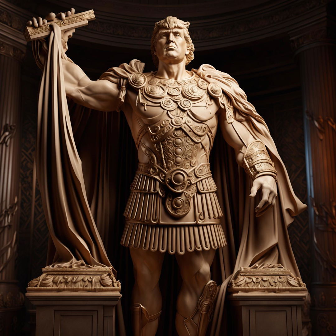 A detailed statue of Donald Trump depicted as a triumphant Roman leader, replete with ornate Roman wear and on a richly decorated pedestal.