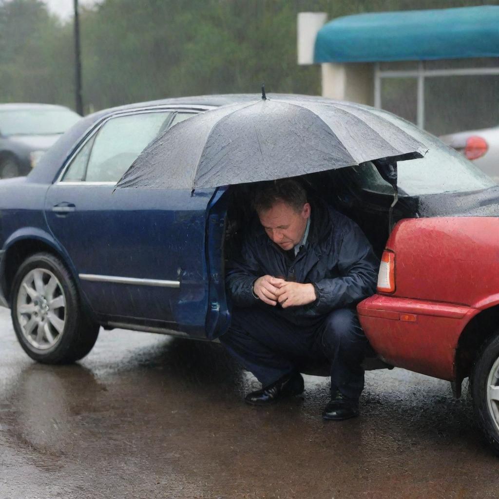 A father diligently repairing a car in the pouring rain, with no umbrella, his clothes soaked but determination evident on his face