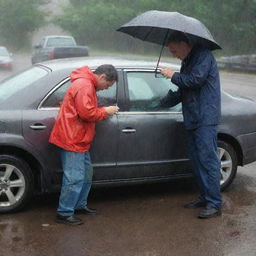 A father diligently repairing a car in the pouring rain, with no umbrella, his clothes soaked but determination evident on his face