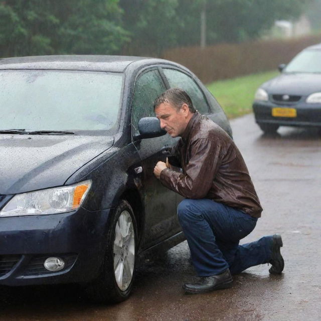 A father diligently repairing a car in the pouring rain, with no umbrella, his clothes soaked but determination evident on his face