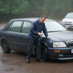 A father diligently repairing a car in the pouring rain, with no umbrella, his clothes soaked but determination evident on his face