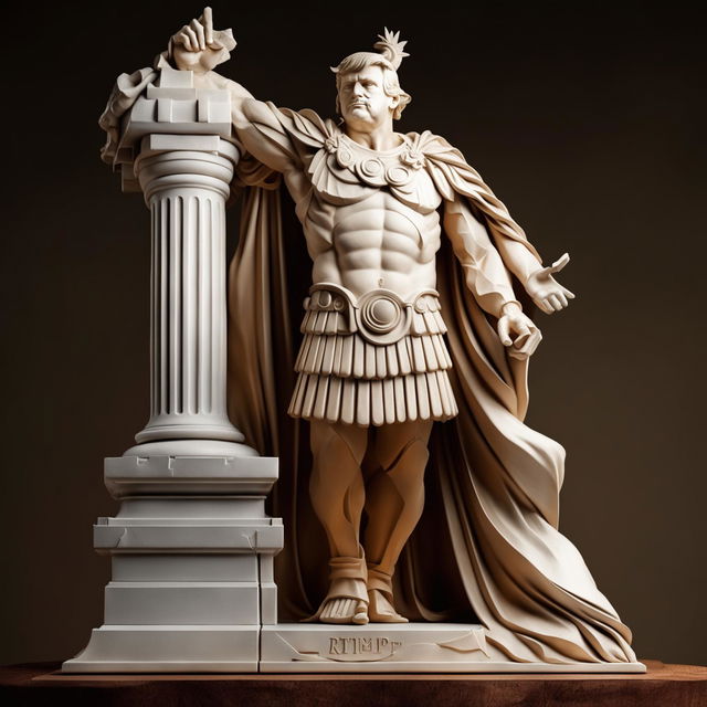 An intricate statue of Donald Trump depicted as a triumphant ancient Greek leader, adorned in traditional Greek attire and positioned on a beautifully crafted pedestal.